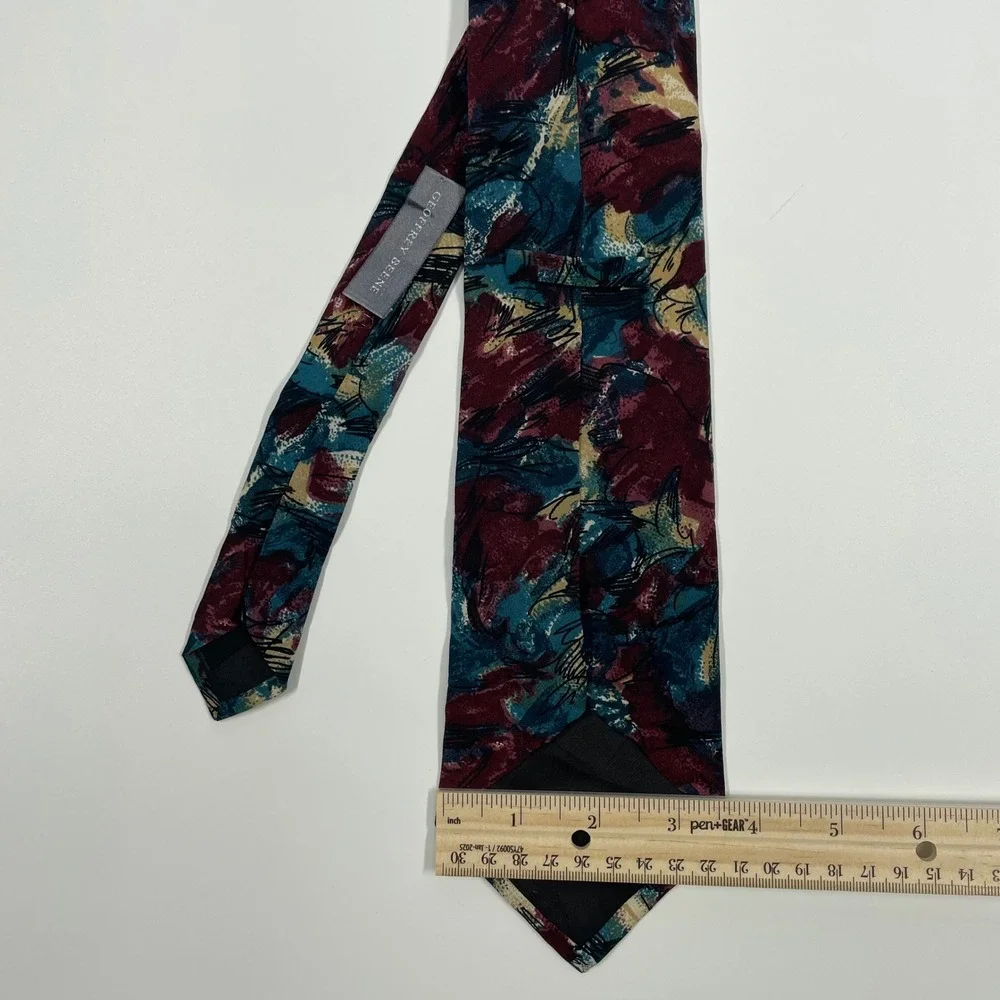 Geoffrey Beene Teal Burgundy Abstract Silk Necktie Mens OS